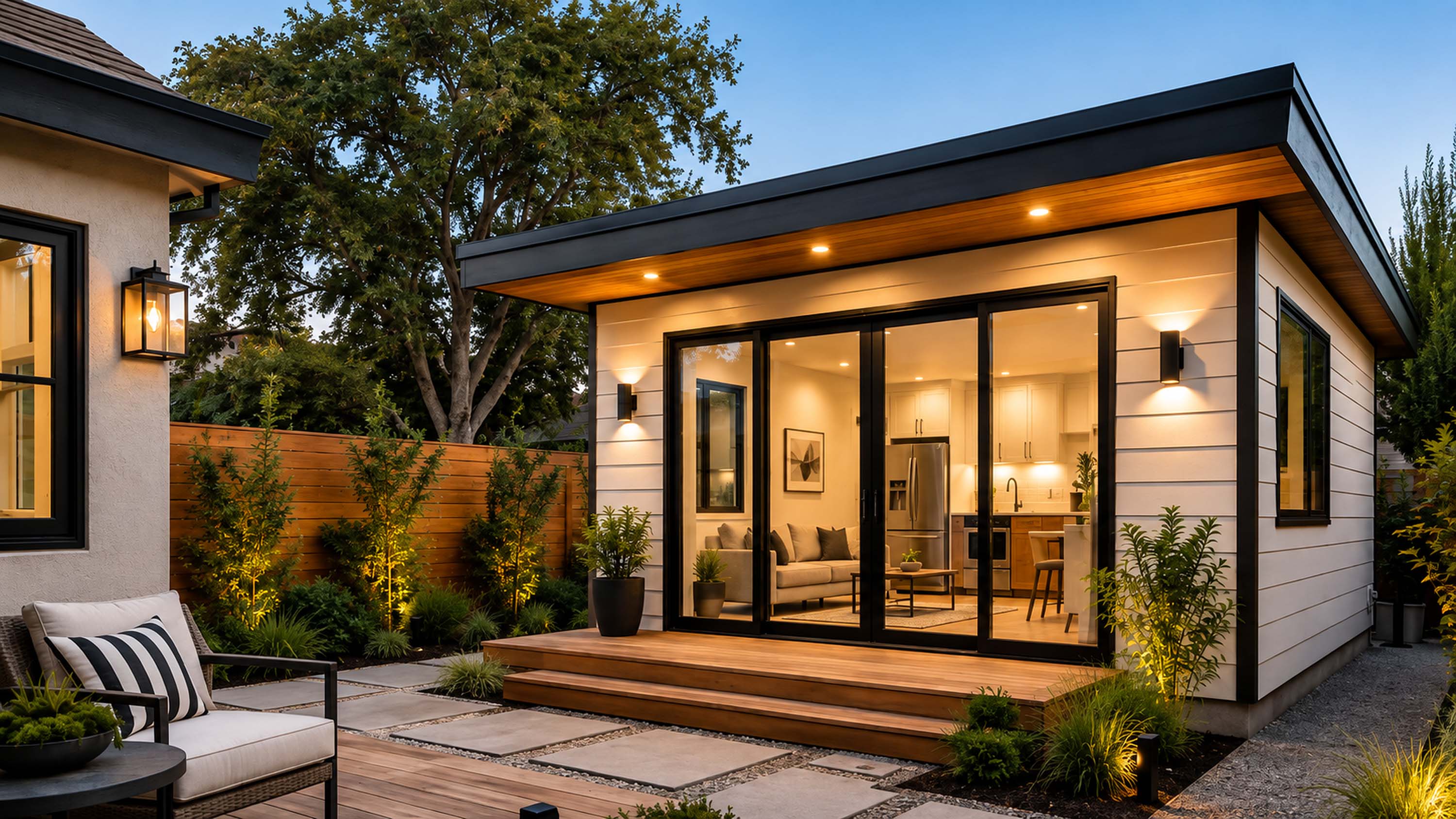 A detached ADU with sliding glass doors and a wood deck, lit at dusk.