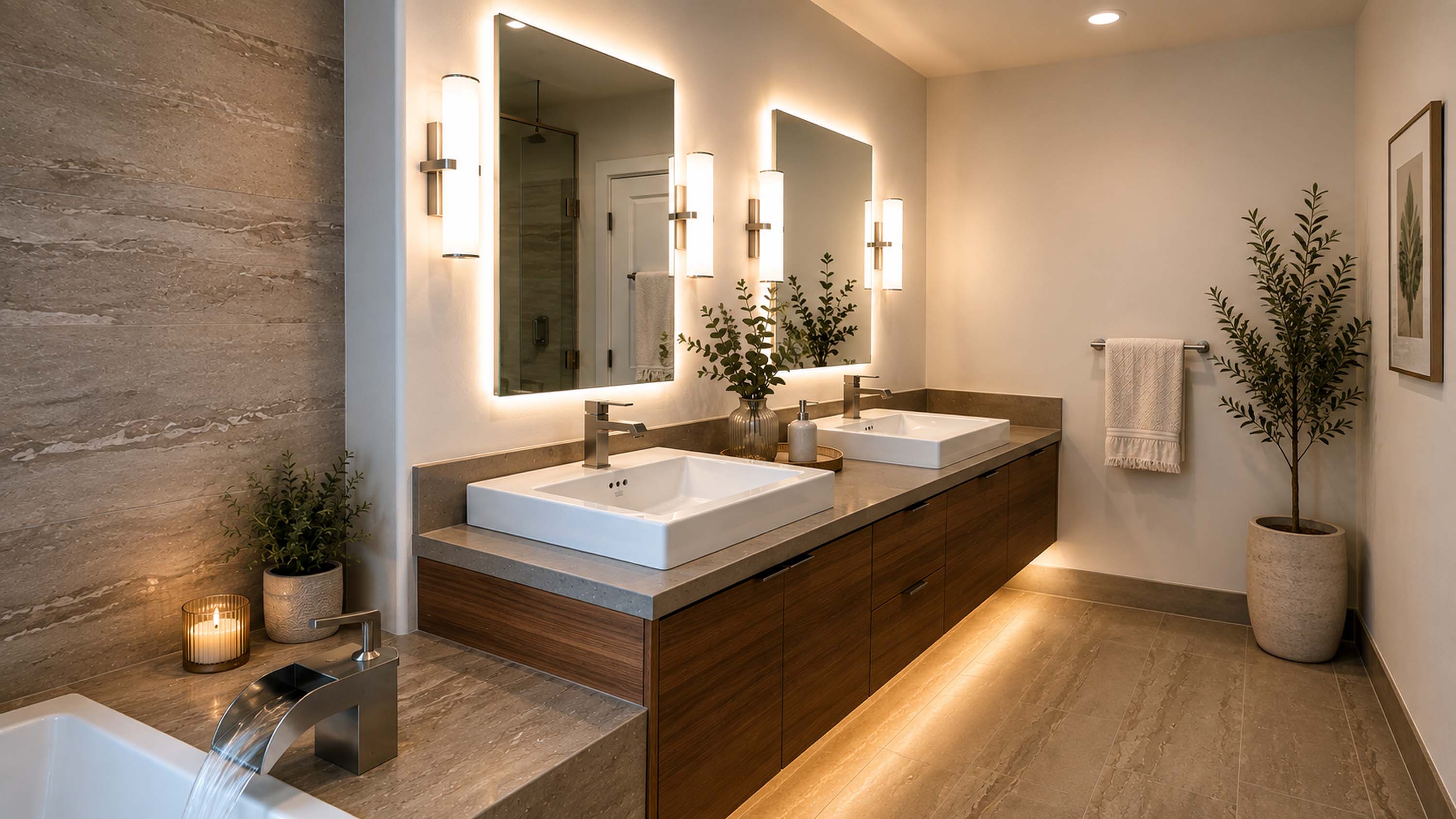A remodeled bathroom with a double vanity, tile surround, and warm sconce lighting.