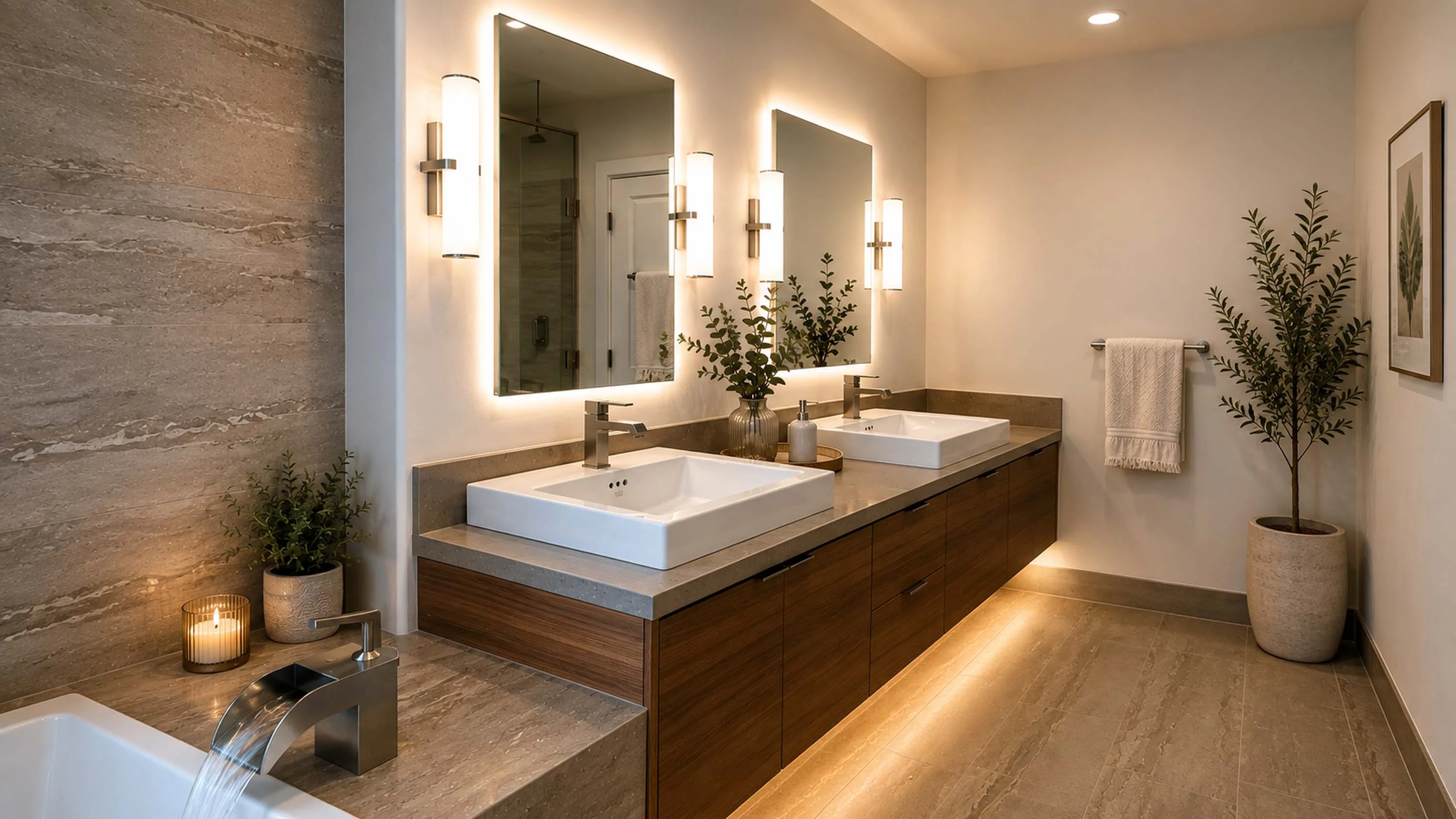 A remodeled bathroom with a double vanity, tile surround, and warm sconce lighting.