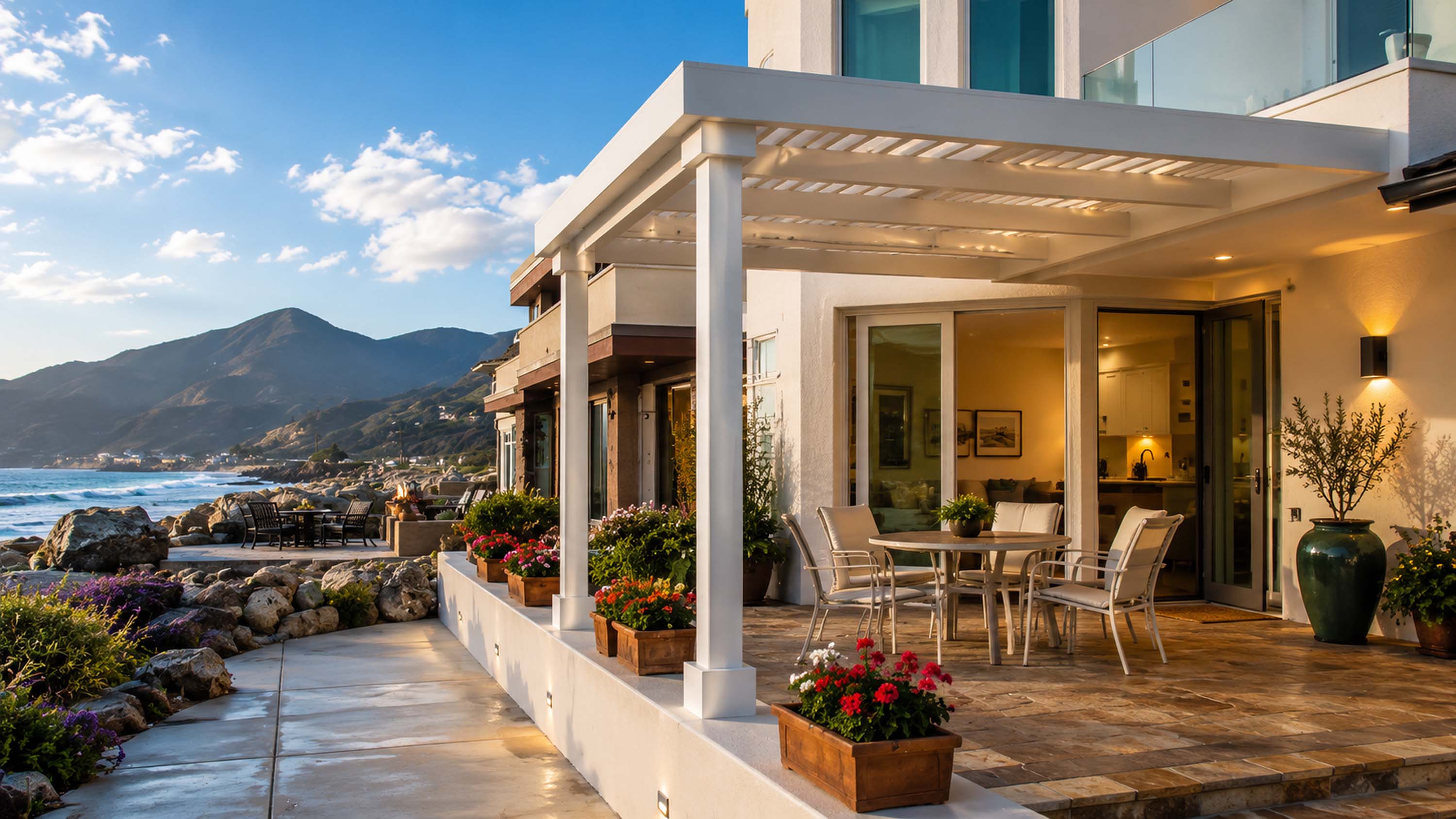 A covered patio with outdoor seating and a hillside view beyond.