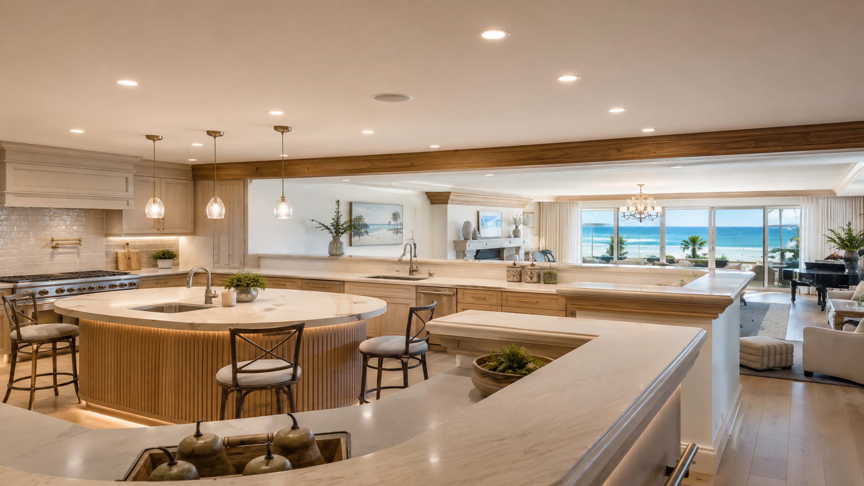 An open kitchen with a large island, bar seating, and pendant lighting.