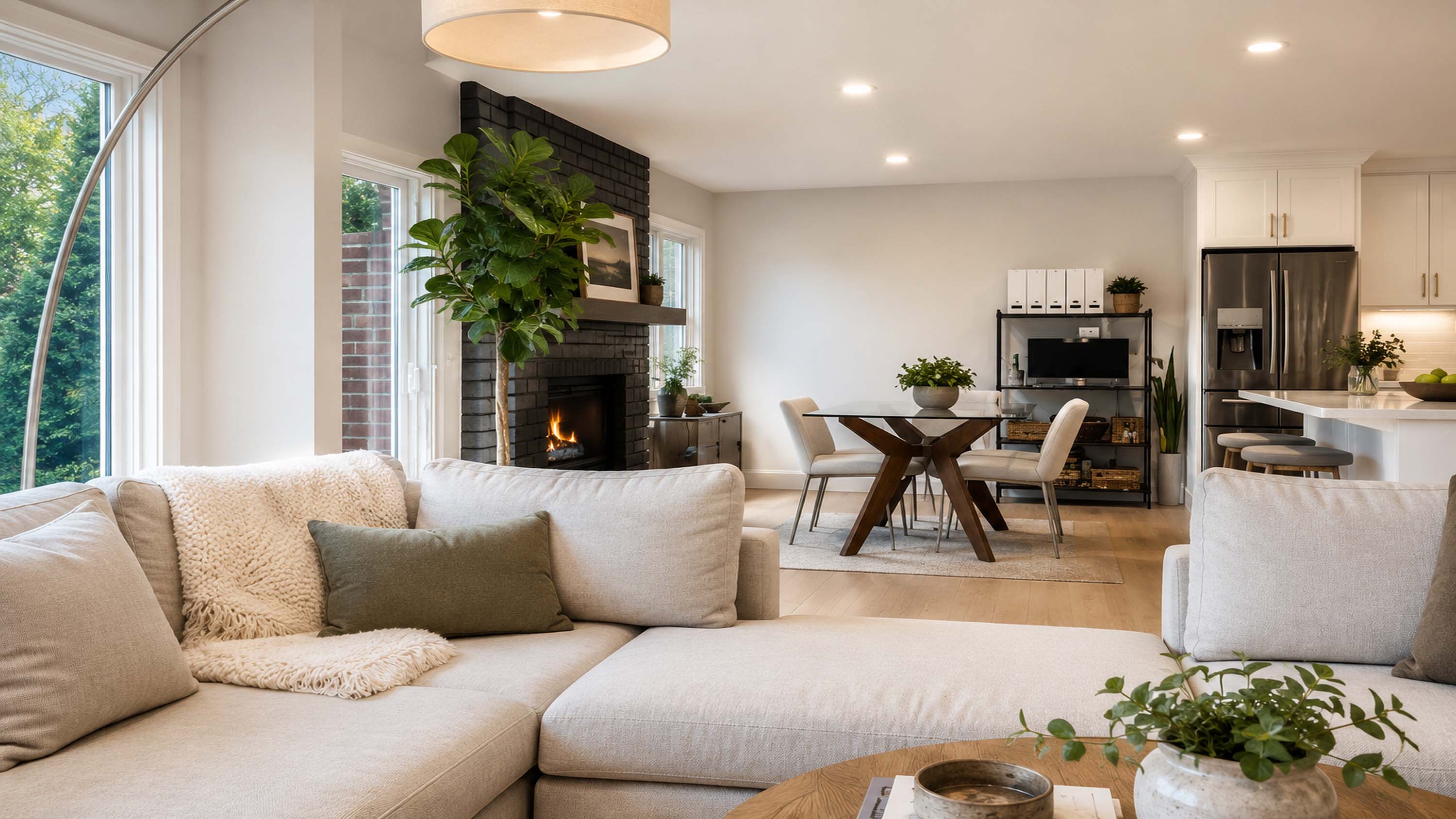 A living room with a sectional sofa, fireplace, and open sightline to the kitchen.