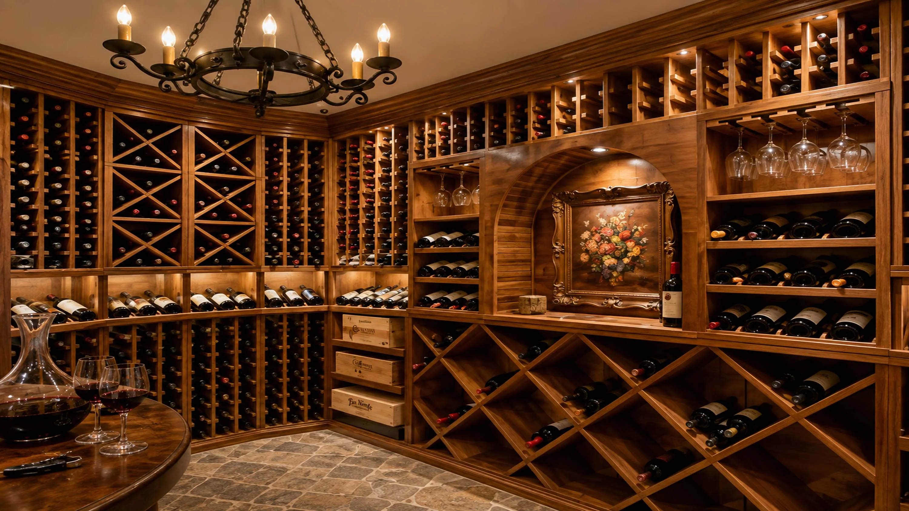 A custom wine room with diamond-bin racking and warm accent lighting.
